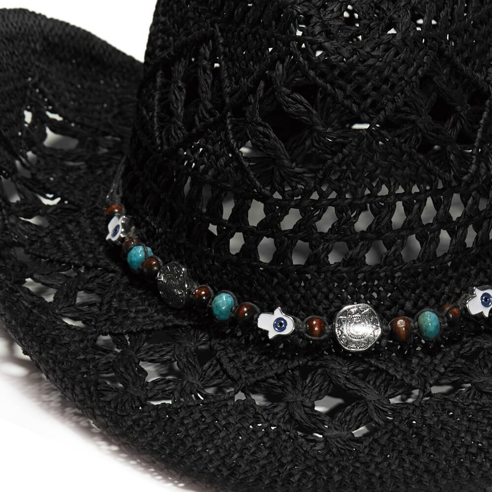Faux Raffia Cowboy Hat Wide Brim Sun Protection Beach Vacation Accessory - Picture 5 of 7